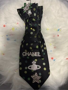 CHANEL Black Tie with Green and Yellow Polka Dots and Crystal Accents